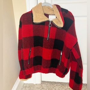 ALTAR'D STATE red plaid fur quarter zip